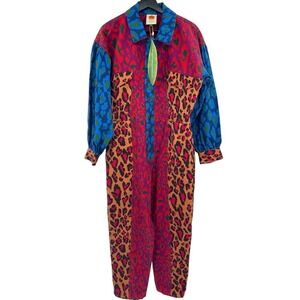Farm Rio Small Mixed Leopard Pop Jumpsuit Coverall Size Small Cotton Denim Print